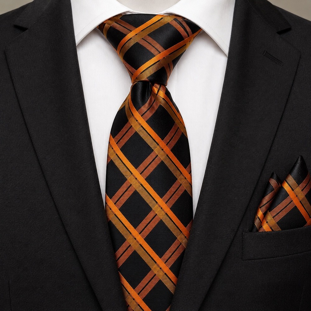 Barry.Wang Mens 100% Silk Plaid Necktie and Pocket Square Set Black Orange Gold